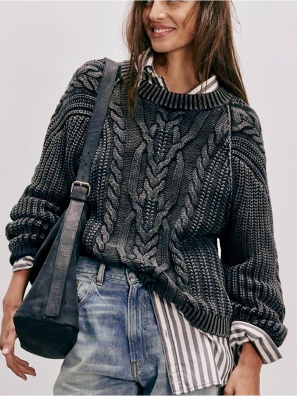 Free People ‘Frankie’ Chunky Cable Knit Sweater (Blue Gray Charcoal)